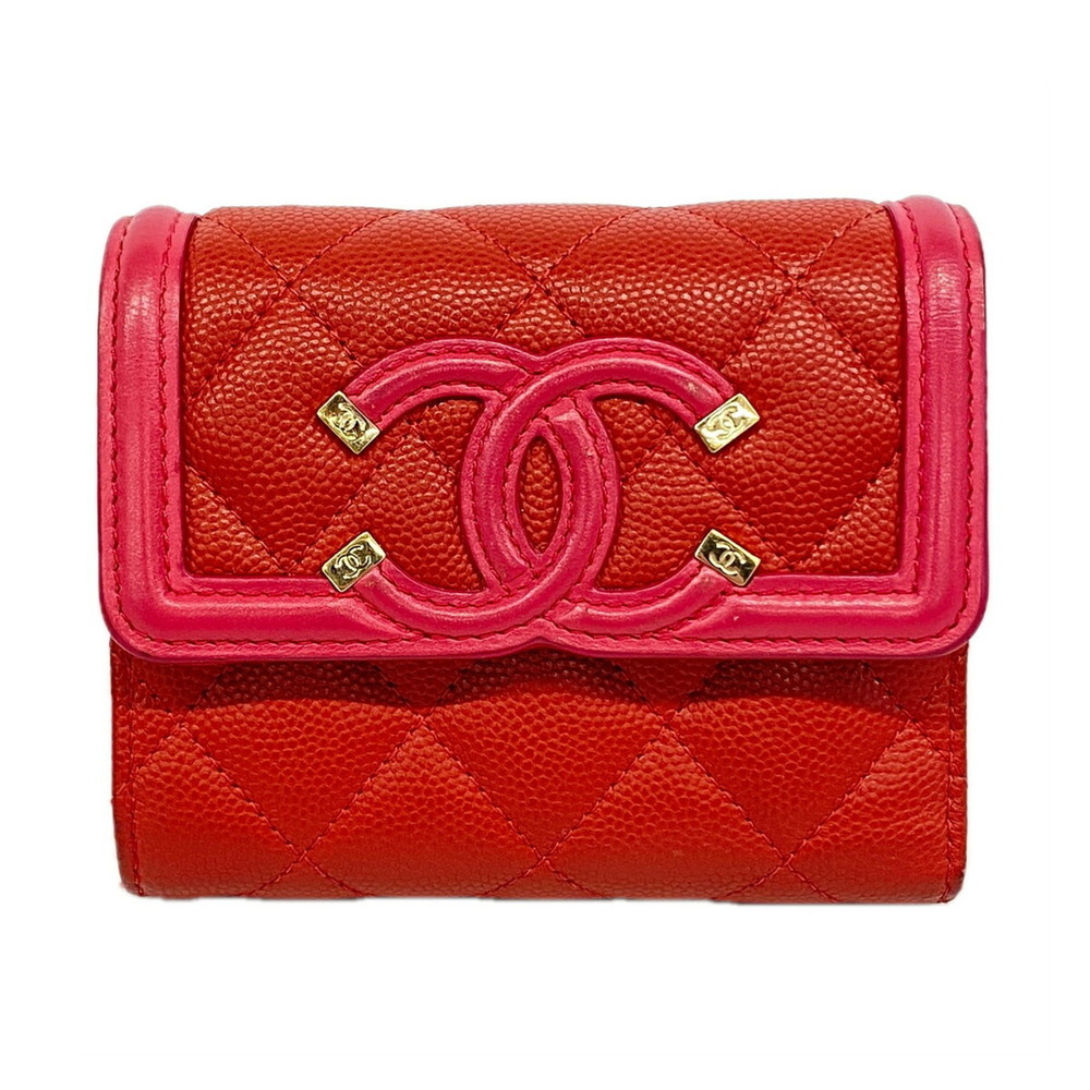 Chanel Tri-fold Wallet CC Filigree Caviar Skin Red Women's